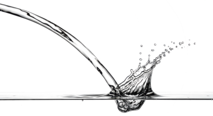 Blue water splash a stream of water pouring into a calm surface, creating a splash and ripples, isolated on a transparent background