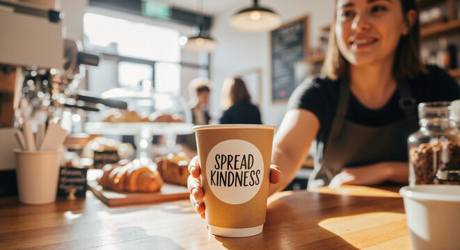 Coffee shop counter scene featuring a Spread Kindness message on takeaway cup in coffee shop.