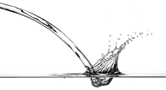 Blue water splash a stream of water pouring into a calm surface, creating a splash and ripples, isolated on a transparent background