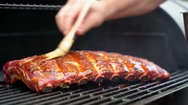 A rack of ribs glistening with barbecue sauce is shown on a hot grill. A person is basting the meat. A stainless steel pot is nearby