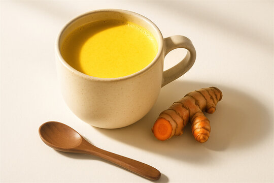 Golden milk drink in a ceramic mug, alongside fresh turmeric root and a small wooden spoon, highlighting concepts of health, wellness, and a balanced lifestyle with natural ingredients