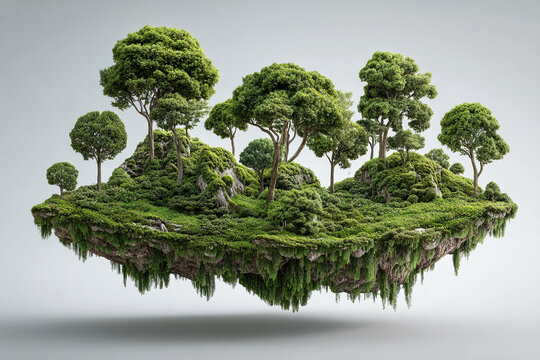 Isla flotante cubierta de &aacute;rboles verdes y vegetaci&oacute;n exuberante suspendida en el aire sobre fondo gris minimalista