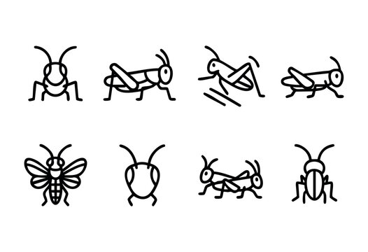 A set of eight simple line art illustrations of grasshoppers and insects. The images are in a consistent black outline style on a white background, suitable for icons or graphic design elements.
