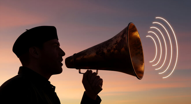 Powerful silhouette of a man announcing with a megaphone at sunset, conveying leadership and communication, ideal for business and social messages