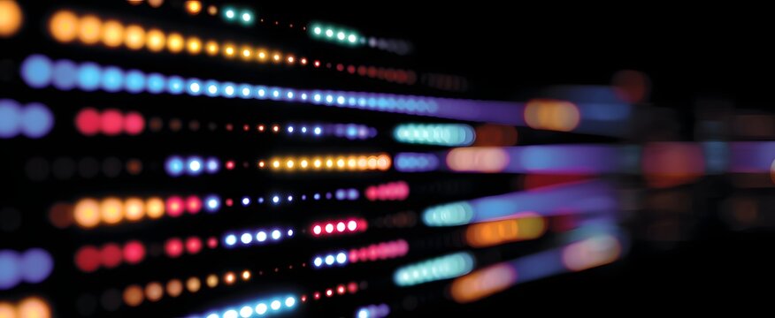 The computer screen shows vibrant lines of programming code in multiple colors