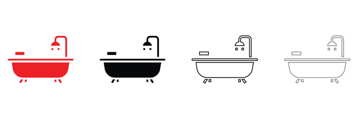 Bathtub icon set vector, bathtub with showerhead and faucet vector, silhouette and line art