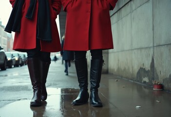 Obraz premium Two Individuals in Red Coats Walking on a Rainy Street