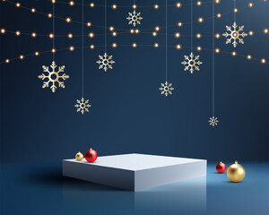 Christmas Holiday Product Display Stage with White Podium, Gold Snowflakes, and String Lights on Dark Blue Background for Winter Sales and New Year Promotion