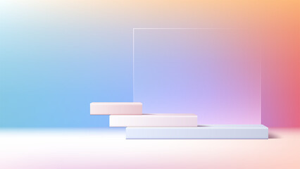 Modern Minimal Pastel Product Display Podium Mockup with Frosted Glass Panel and Soft Gradient Background for E Commerce and Cosmetic Presentation