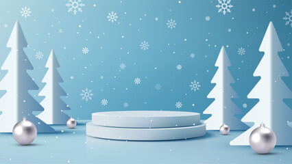 Christmas Winter Product Display Podium with Snowy Paper Cut Pine Trees and Silver Ornaments on Blue Background Mockup for Holiday Marketing