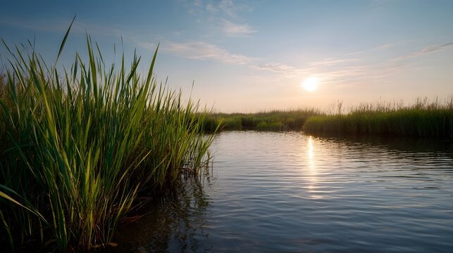 Tranquil marsh landscape at sunset with tall green reeds and a reflective golden water surface - Powered by Adobe