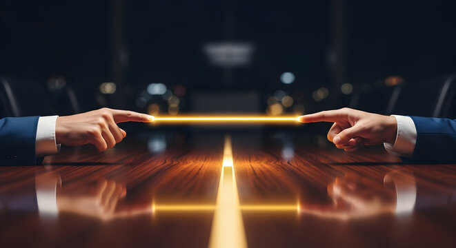 Strategic business connection visualized, two hands reaching across table symbolizing partnership and innovation for corporate success, modern negotiation