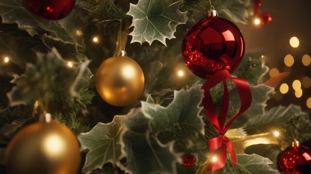 &Aacute;rbol de Navidad grande y frondoso. Est&aacute; profusamente decorado con una combinaci&oacute;n de elementos cl&aacute;sicos: Esferas (bolas) grandes y brillantes en colores rojo (reflectantes) y dorado (acabado mate).