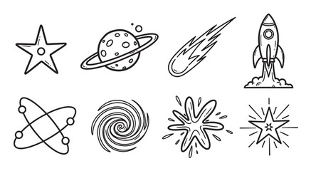Obraz premium Hand drawn space icon collection in a simple doodle style. Set includes a rocket ship, planet, star, atom, and galaxy symbols for science and astronomy themes