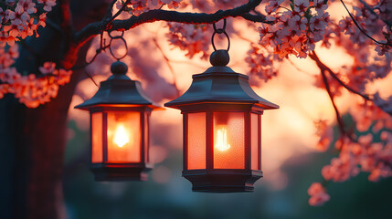 Lanterns Glowing Among Cherry Blossoms at Sunset. Beautiful cherry blossoms with lanterns glowing at sunset for a tranquil scene.
