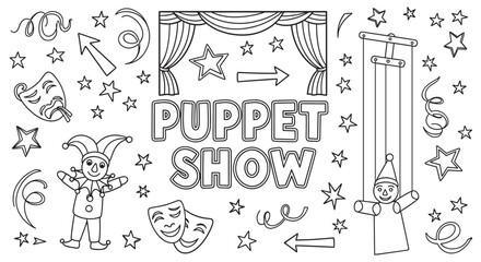 Puppet show outline drawing featuring a stage, jester, and theater masks. Great for kids' coloring books, educational activities, and creative craft projects