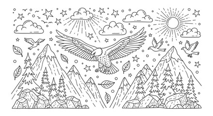 Majestic eagle soaring over a rugged mountain landscape. Hand drawn outline of nature with pine trees and flying birds. Ideal for outdoor adventure themes