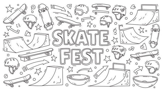Skate fest lettering with a collection of skateboarding equipment doodles. Hand drawn set of skateboards, helmets, and ramps for an extreme sports festival concept