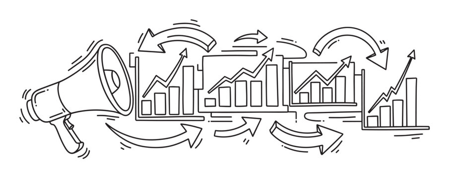 Marketing announcement concept with a megaphone and growing charts. Hand drawn doodle of financial graphs and arrows showing business success and positive results