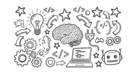 Doodle line art set of technology and innovation icons. Conceptual elements for software development and artificial intelligence projects. Modern symbols for creative problem solving