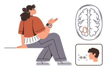 Woman sitting while gesturing, brain diagram with highlighted area, and speech recognition representation. Ideal for neuroscience, communication, technology, cognition, research, education simple