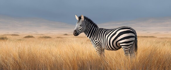 Naklejka premium The zebra munches like a striped cloud drifting over the open savannah grassland.