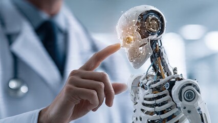A person in a lab coat gently touches a humanoid robot's face, highlighting its mechanical and prosthetic features. The scene conveys innovation and curiosity generative ai