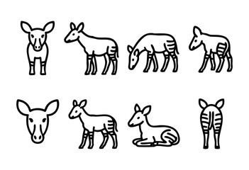 Obraz premium A set of eight line art illustrations depicting okapi in various poses and views. The style is simple, bold, and consistent throughout. Perfect for educational materials, children's books, or logo des