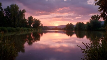 Serene sunset over a tranquil lake with vibrant reflections and colorful clouds
