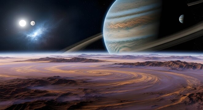 Exoplanet Landscape with Gas Giant, Rings, and Binary Stars - Powered by Adobe