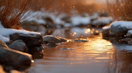 A serene stream reflects warm golden hour light onto snow dusted rocks and gentle ripples with floating particles