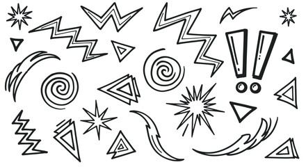 Energetic hand drawn doodle elements for graphic design projects. Abstract shapes include lightning bolts, stars, spirals, and triangles for impactful visual emphasis