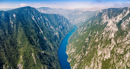 Fototapete Rund Wald Fluss Drina River flowing through a deep canyon, surrounded by green forested mountains. Aerial view of a beautiful natural landscape  © EdNurg