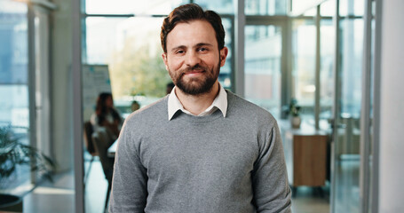 Corporate, portrait and business man in office with confidence, pride and smile for finance job....
