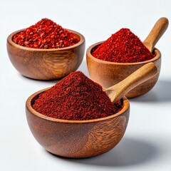 Three wooden bowls filled with vibrant red ground spices, including chili powder and paprika, arranged on a white background for culinary and cooking use