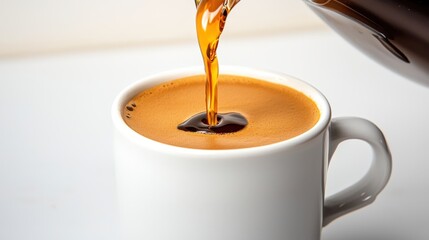 Close-up of freshly brewed hot coffee being poured into a white ceramic mug with rich crema on top, highlighting the smooth flow and warm beverage presentation