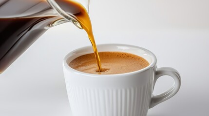 Hot freshly brewed coffee being poured into a white ceramic cup with a smooth surface and round handle, close-up image with a blurred background and bright lighting