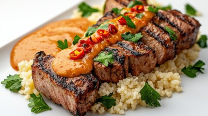 Delicious grilled steak slices topped with spicy sauce and fresh herbs served on a bed of couscous with a side of toasted bread for a savory meal