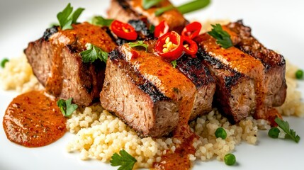 Juicy grilled steak pieces with spicy red chili slices garnished with fresh herbs served over fluffy couscous with sauce on white plate