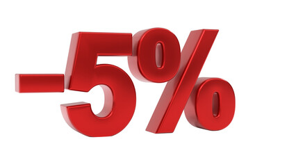 Vibrant 3D render of minus five percent (-5%) sign in glossy red isolated on background