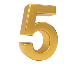Shiny golden three dimensional number five (5) isolated on a neutral light background
