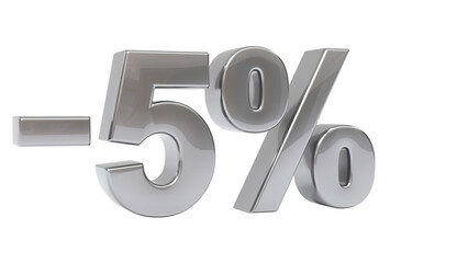 Vibrant 3D render of minus five percent (-5%) sign in reflective silver isolated on background