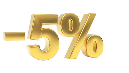 Vibrant 3D render of minus five percent (-5%) sign in glossy gold isolated on background