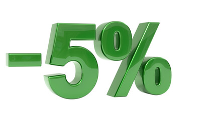 Vibrant 3D render of minus five percent (-5%) sign in glossy green isolated on background