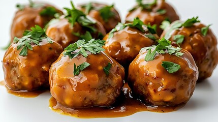 Delicious savory meatballs covered in rich gravy and garnished with fresh parsley, served on a clean white surface for appealing presentation