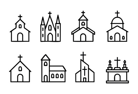Set of eight line art icons depicting various styles of churches and a church altar, perfect for religious or architectural design projects. The simple, clean style is versatile and easily adaptable.
