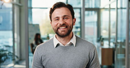 Naklejka premium Smile, professional and portrait of business man in office for about us, confidence and brand manager. Happiness, pride and campaign opportunity with person in marketing agency for creative startup
