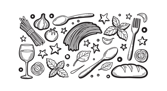 Hand drawn collection of italian food ingredients for pasta. Monochrome sketch set with spaghetti, tomato, basil, garlic and wine. Doodle elements for a restaurant menu design
