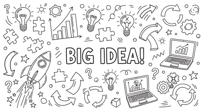 Big idea concept with hand drawn doodle elements for business startup and innovation. Creative set includes light bulb, rocket launch, and growth chart icons for brainstorming