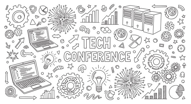 Hand drawn tech conference concept with doodle style icons for business and innovation. Outline drawing of laptops, servers, circuit boards and data charts for a presentation